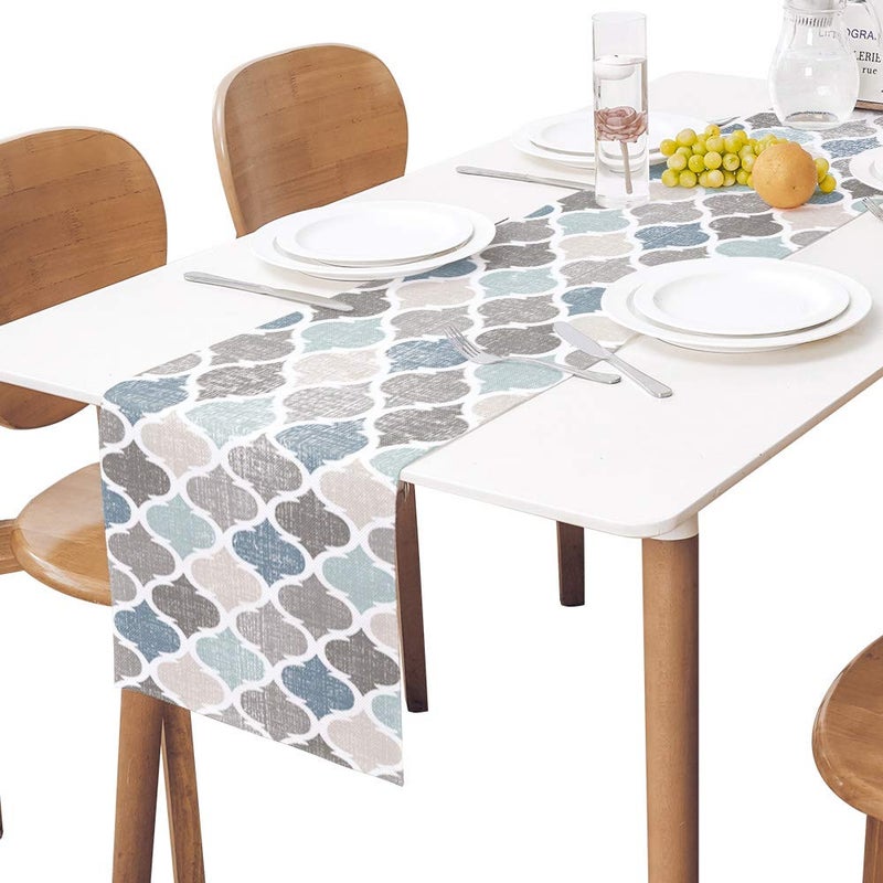 PIEPLE Moroccan Table Runner-Cotton Linen-Small 36 inche Geometric Quatrefoil Lattice Dresser Scarves,Kitchen Coffee/Dining Farmhouse Tablerunner for Home Living Room,Holiday Dinner Scarf DÃ©cor,Blue Grey - Image 2